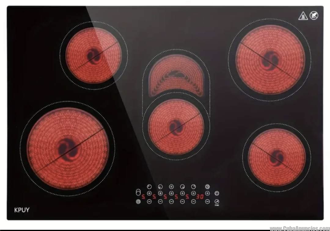 Placa de cocina eléctrica KPUY de 30 pulgadas (220-240 V para cableado directo, sin enchufe), quemador de encimera empotrado de 5 quemadores de 8500 W, sensor táctil, 9 niveles de potencia, temporizador y bloqueo de seguridad, protección contra sobrecalentamiento