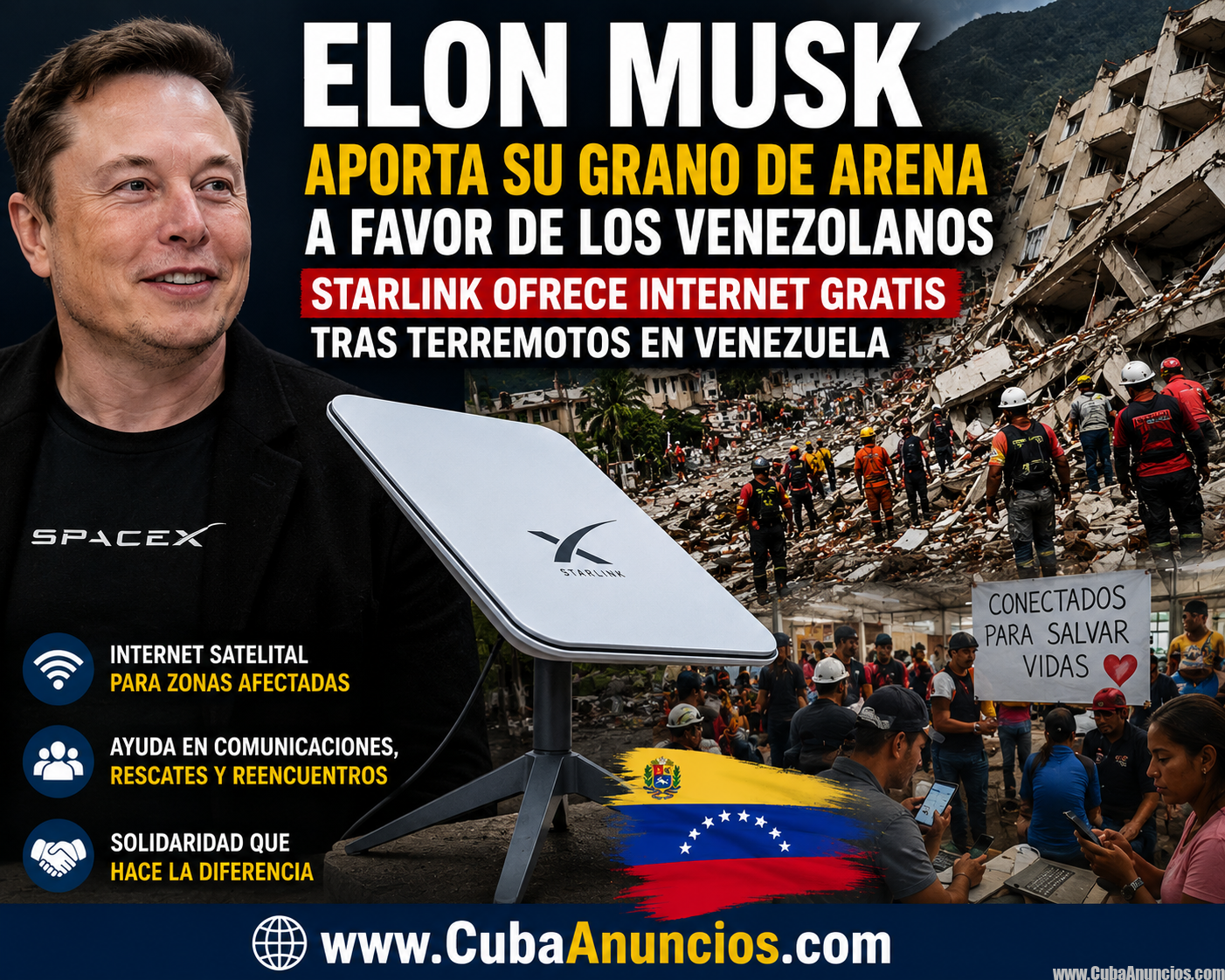 Elon Musk ayuda a venezolanos con internet gratuito tras terremotos