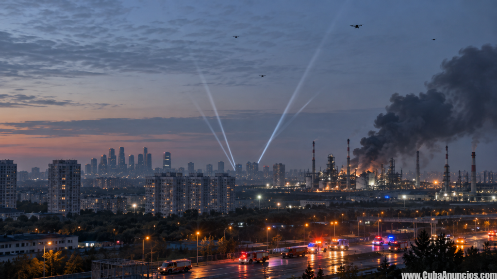 Ataque masivo de drones contra Moscú y humo sobre una refinería en septiembre de 2026