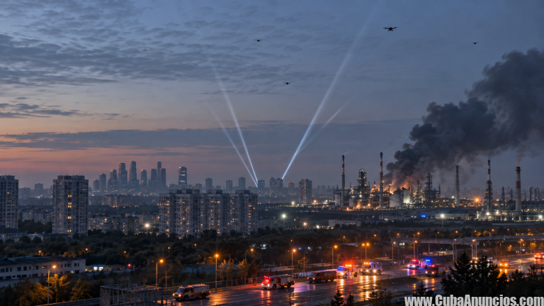 Ataque masivo de drones contra Moscú y humo sobre una refinería en septiembre de 2026
