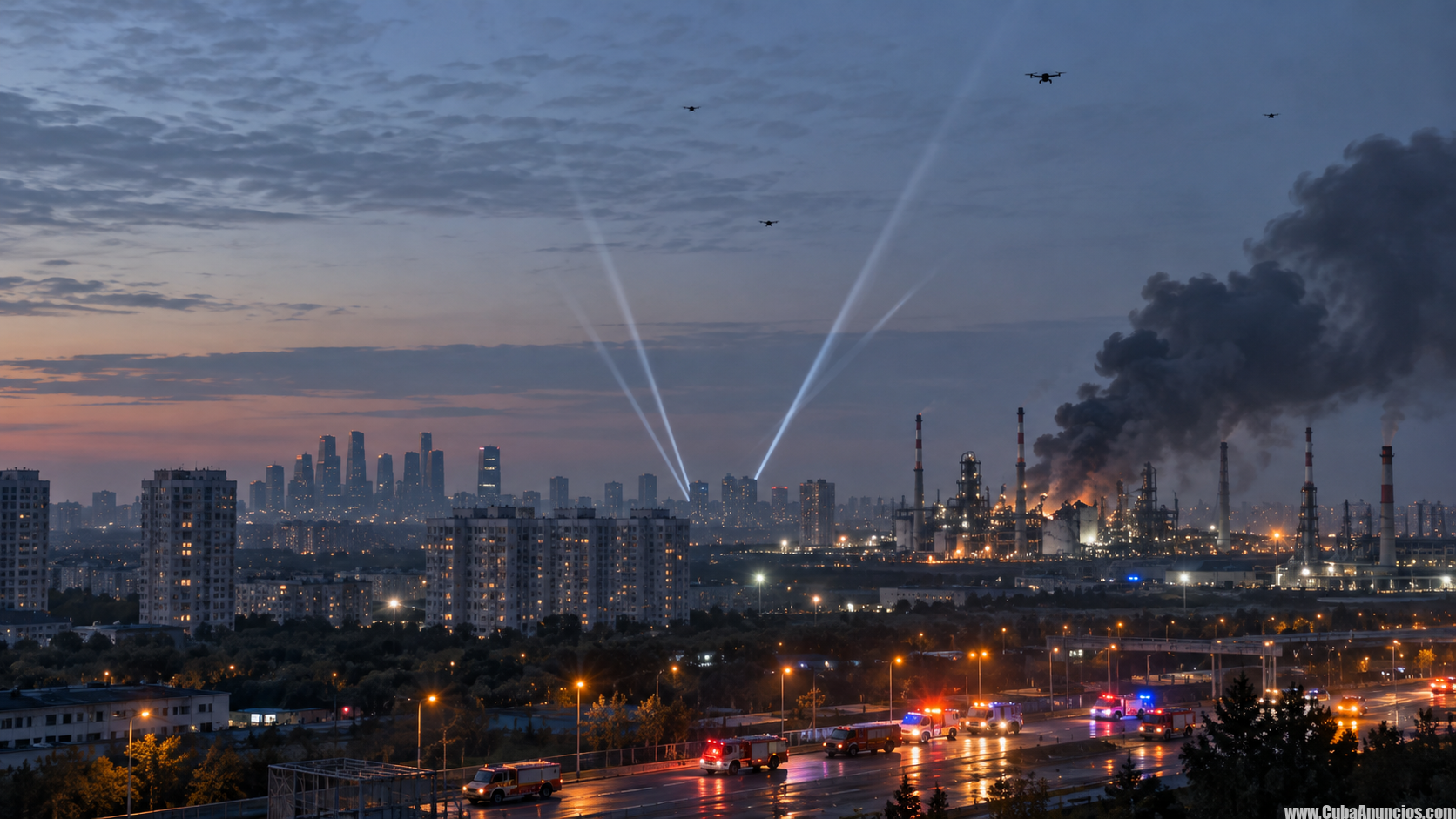 Ataque masivo de drones contra Moscú y humo sobre una refinería en septiembre de 2026