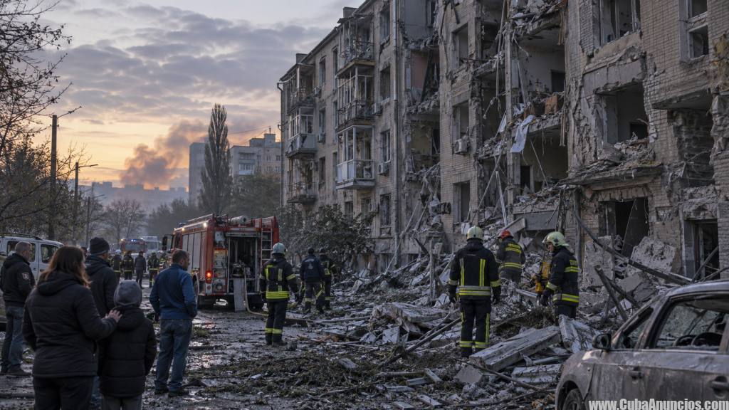 Bomberos inspeccionan daños tras un ataque ruso con drones en Zaporiyia