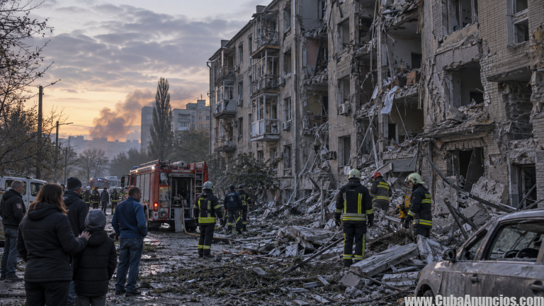 Bomberos inspeccionan daños tras un ataque ruso con drones en Zaporiyia