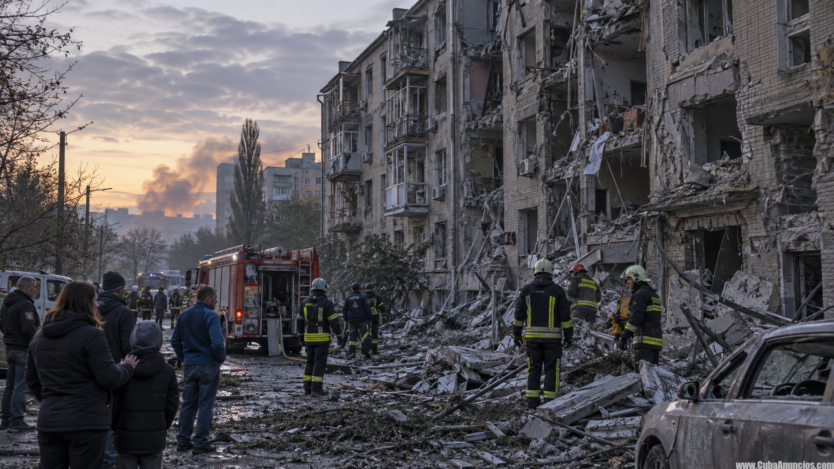 Bomberos inspeccionan daños tras un ataque ruso con drones en Zaporiyia