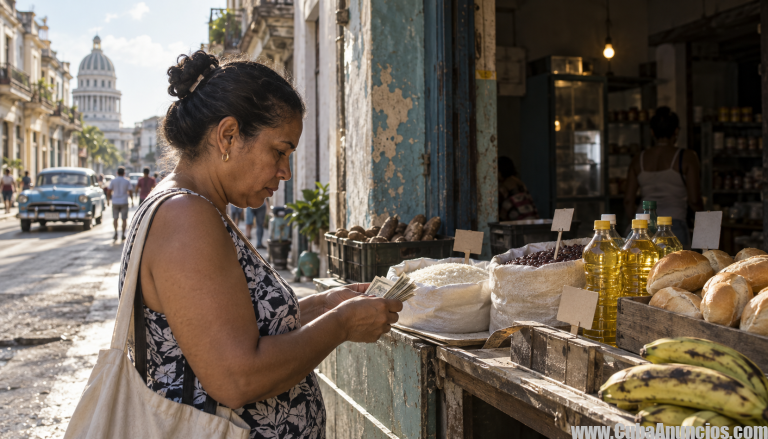 Consumidora cubana cuenta dinero ante alimentos básicos en un mercado de La Habana durante la inflación de 2026