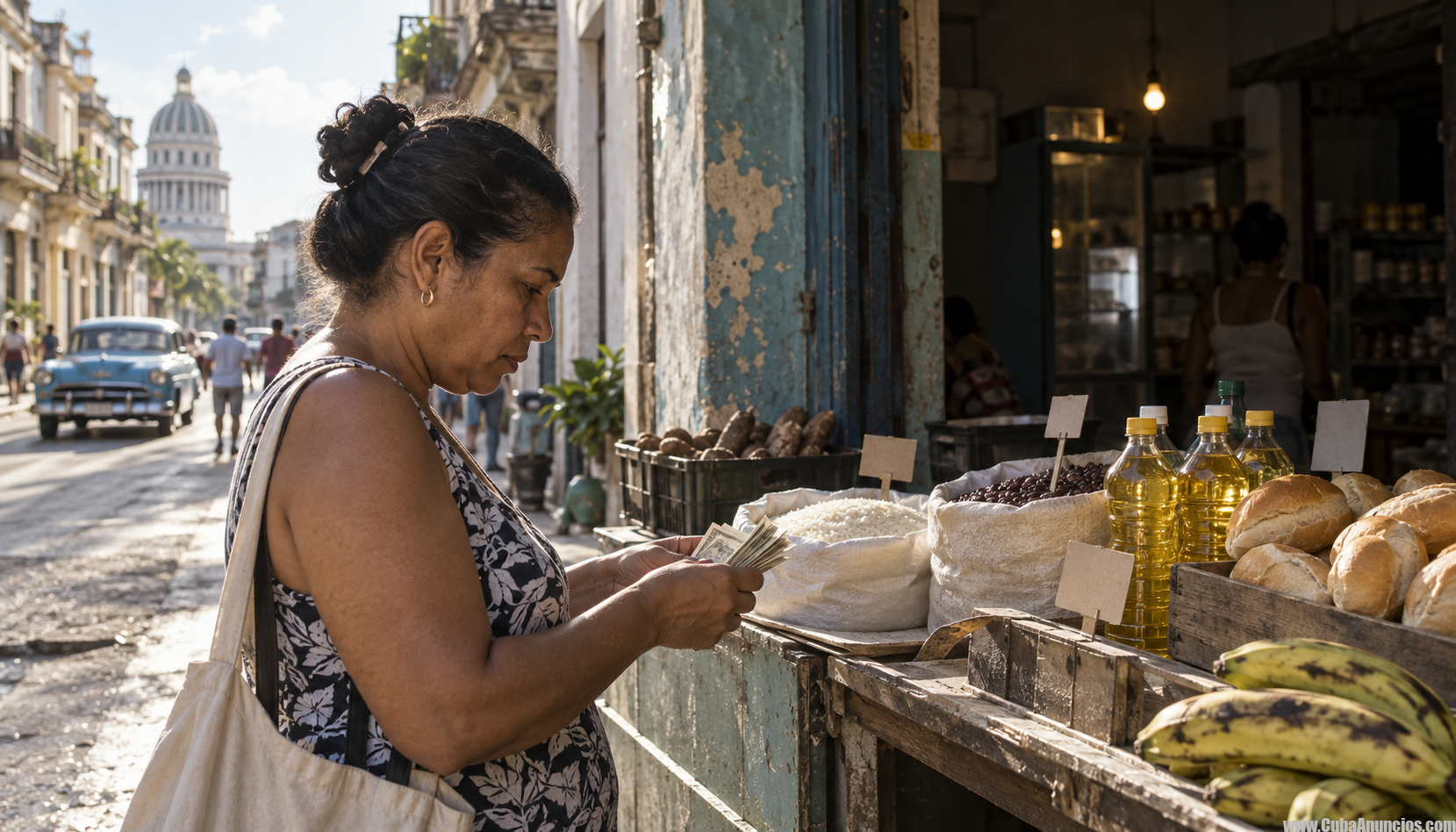 Consumidora cubana cuenta dinero ante alimentos básicos en un mercado de La Habana durante la inflación de 2026