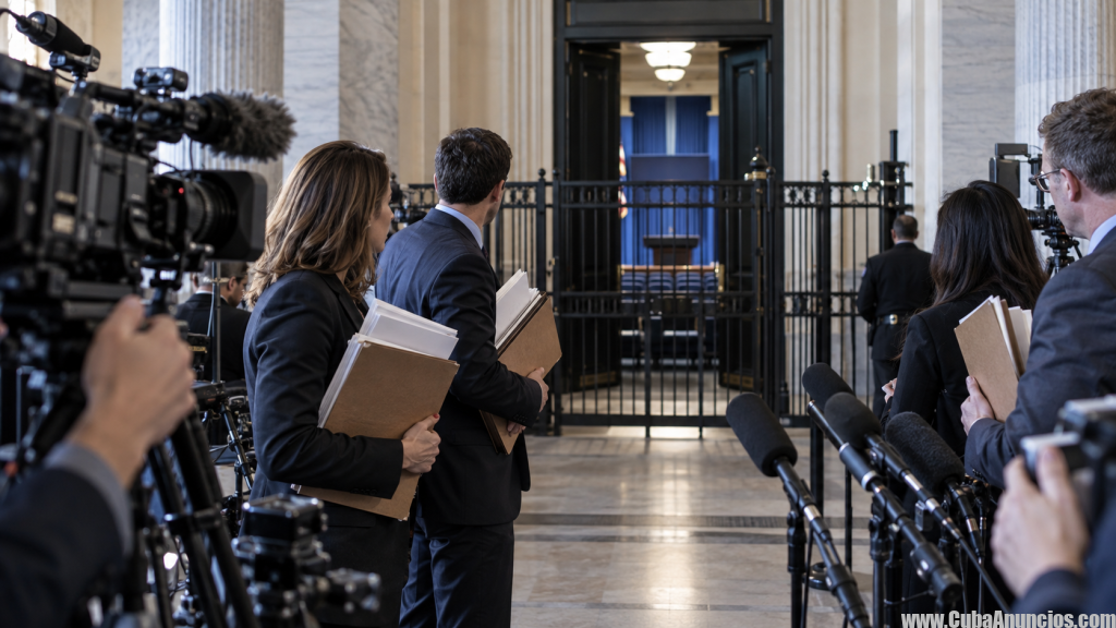 Periodistas y cámaras ante el cierre del acceso de prensa de la Casa Blanca