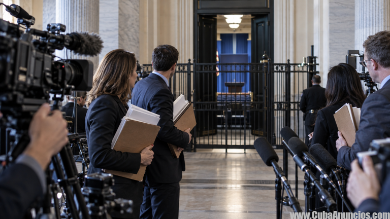 Periodistas y cámaras ante el cierre del acceso de prensa de la Casa Blanca