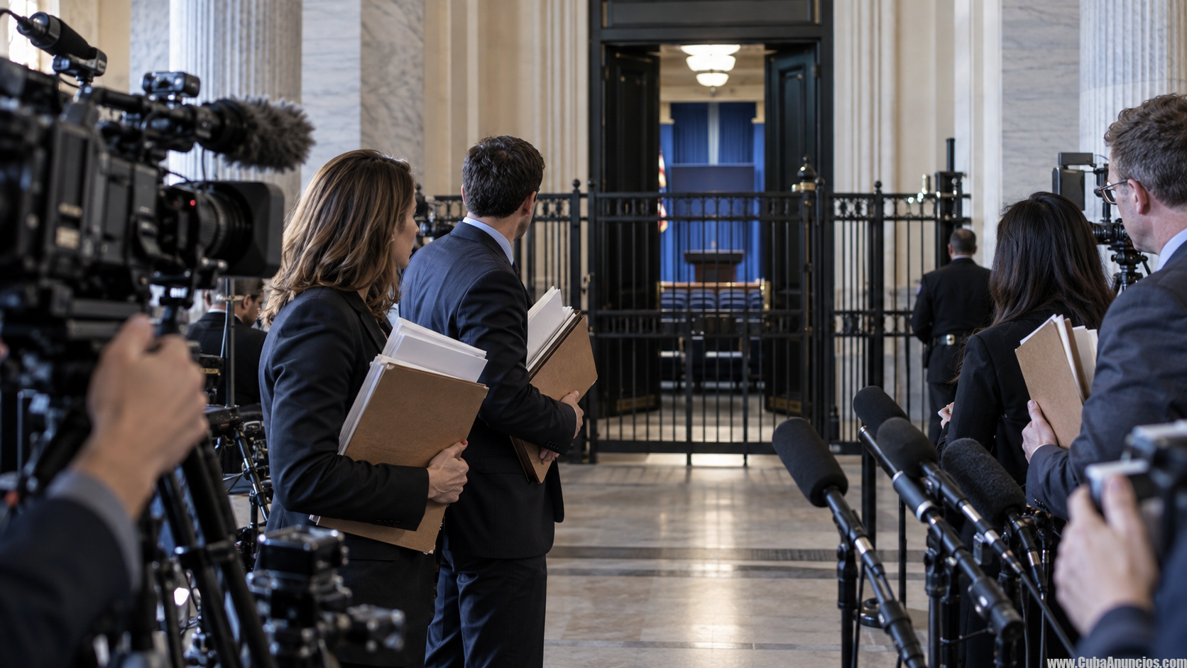 Periodistas y cámaras ante el cierre del acceso de prensa de la Casa Blanca