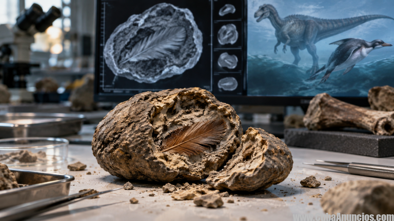 Pluma fósil de 66 millones de años hallada dentro de excremento de dinosaurio
