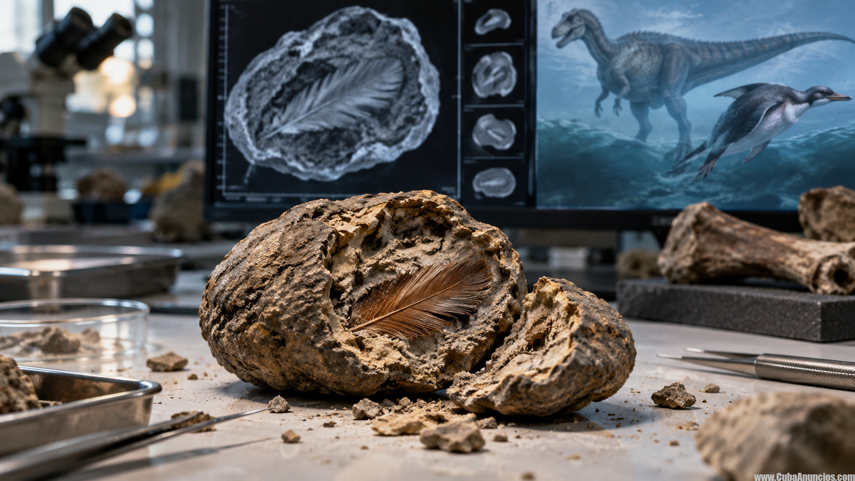 Pluma fósil de 66 millones de años hallada dentro de excremento de dinosaurio