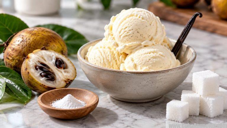Helado de vainilla con fruta africana y brazzeína, proteína natural extremadamente dulce