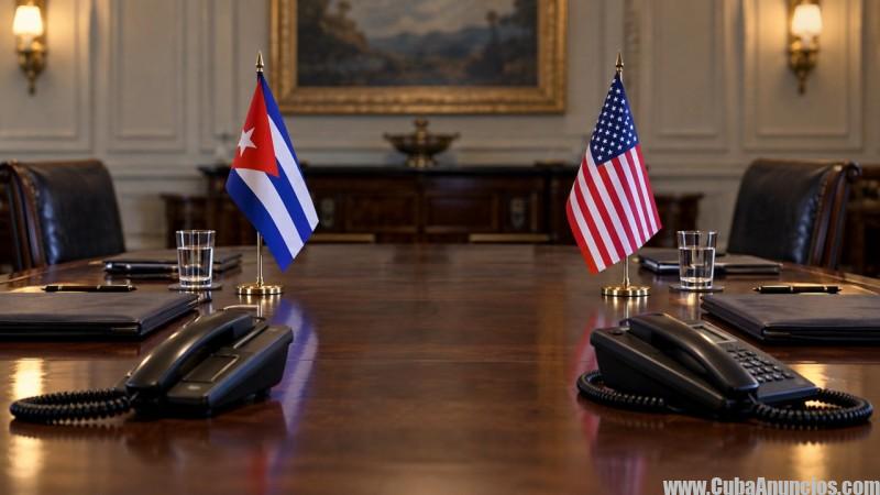Banderas de Cuba y Estados Unidos en una mesa diplomática con teléfonos