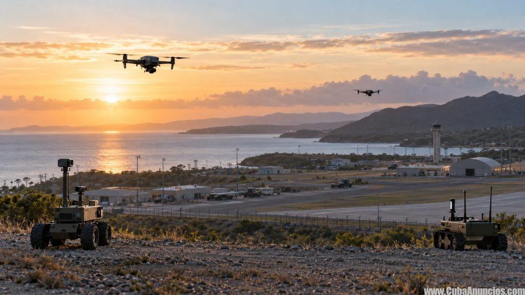 Drones y vehículos autónomos durante una demostración tecnológica en una base costera