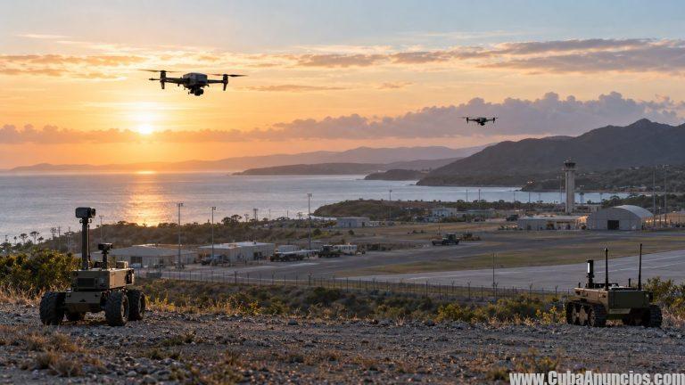 Drones y vehículos autónomos durante una demostración tecnológica en una base costera