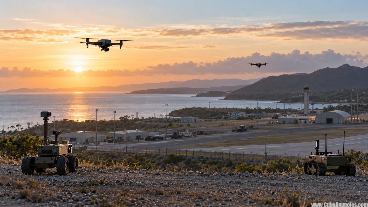 Drones y vehículos autónomos durante una demostración tecnológica en una base costera